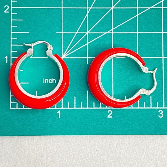 Huggie Hoop Earrings Red Enamel Silver Tone Base Latch Back - Picture 8 of 8